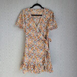 Women's M Wrap Dress Flutter Sleeve Tie Waist Ditzy Floral Rainbow Colorful